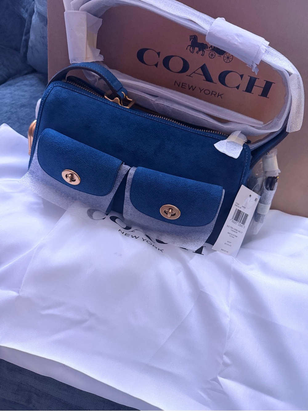 COACH Blue Suede Crossbody with Dual Front Pockets
